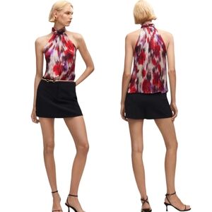 MNG Mango Pleated Halter Textured Blouse Keyhole Back NWT Size 4